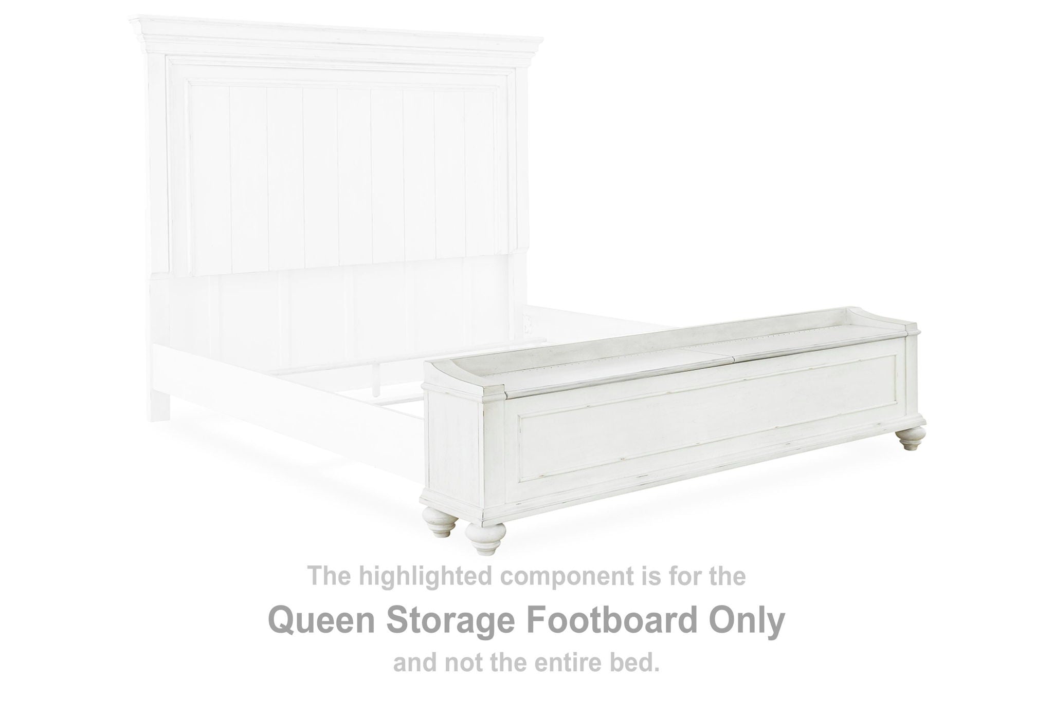 Queen storage footboard in whitewash wood with drawer, flat panel details.