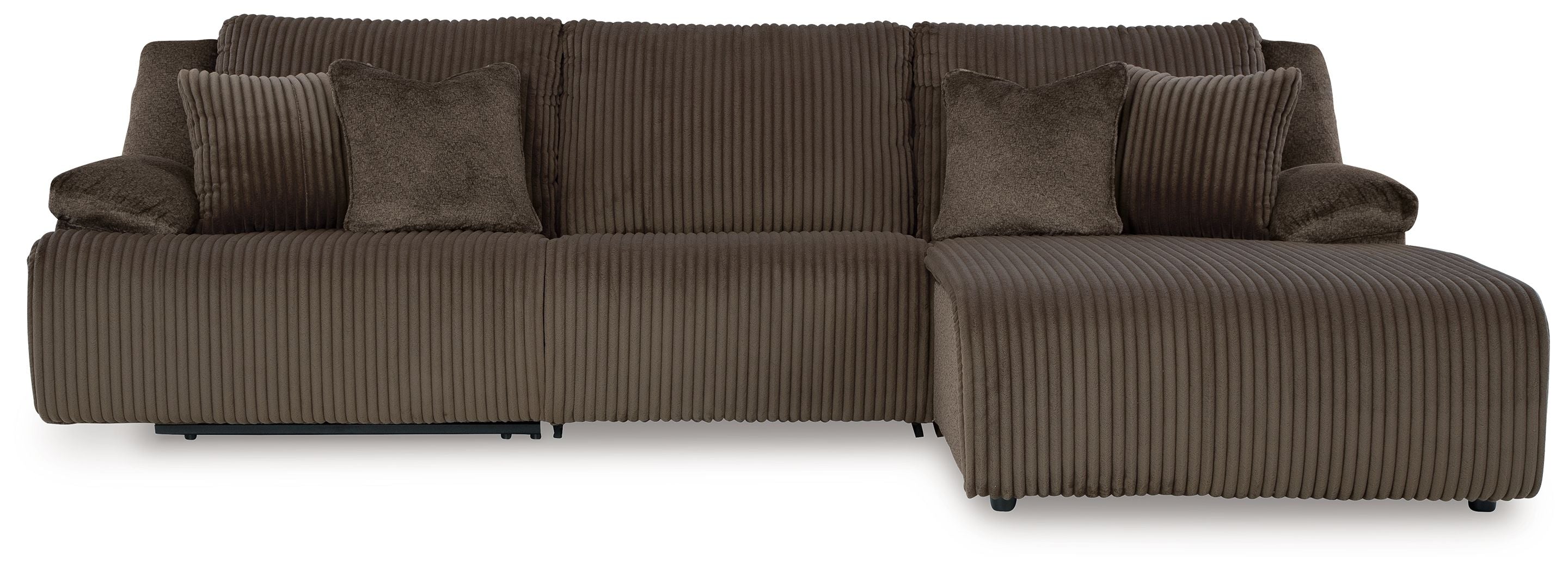 Chocolate brown reclining sectional with chaise-style seat, ribbed upholstery, and bolster pillows