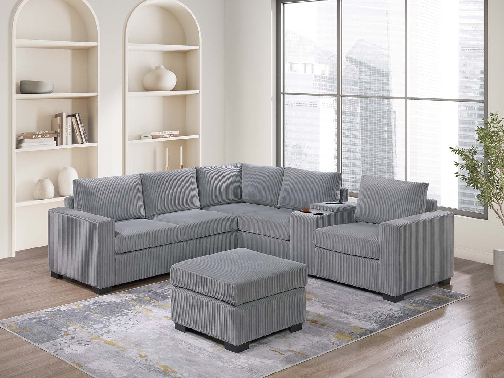 Modern Light Gray Corduroy 4pc Sectional Sofa Set