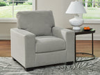 Upholstered armchair with striped fabric, wide armrests, and dark block legs in light gray.