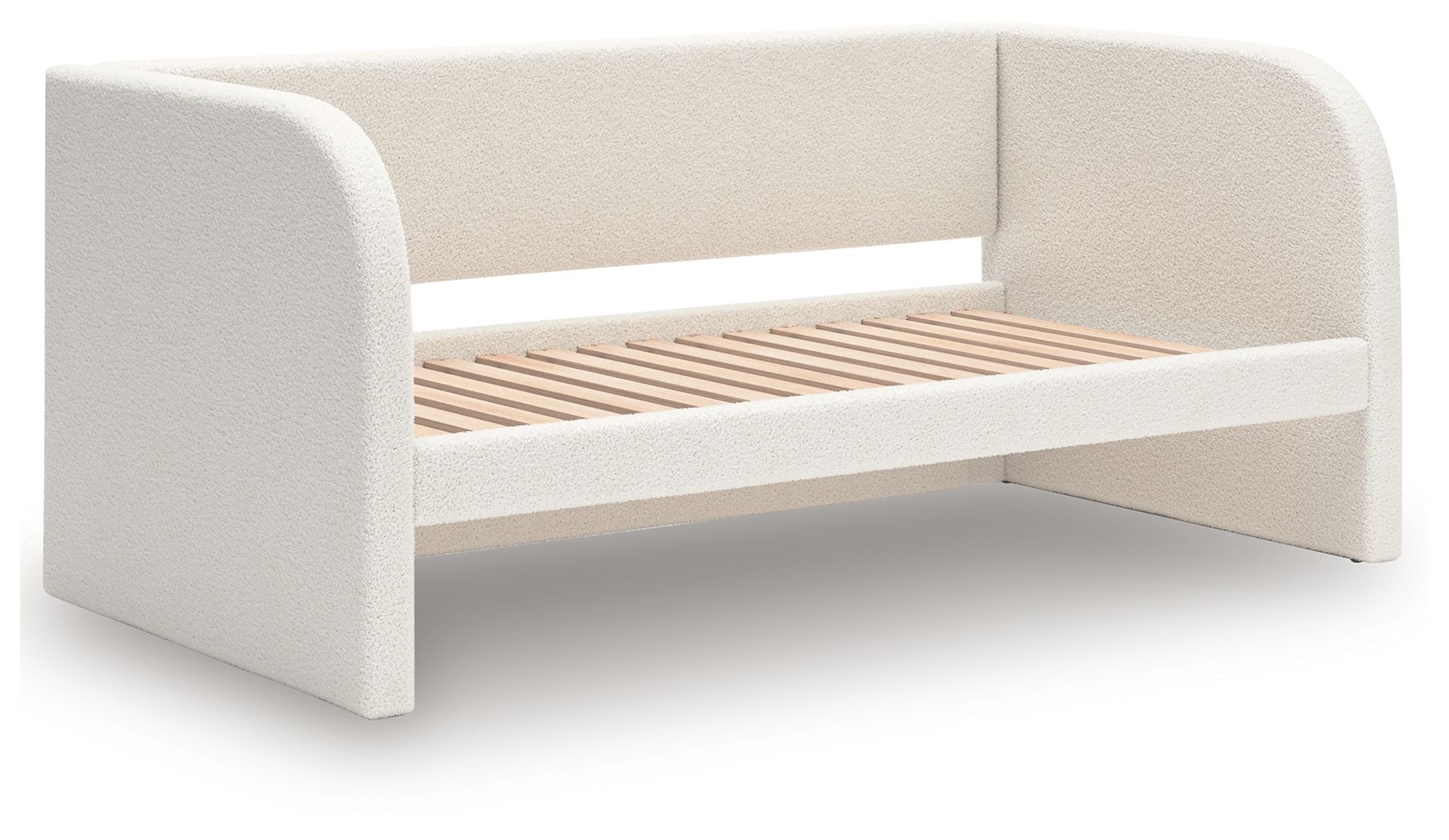 Upholstered day bed in beige fabric with white cushions; wooden slat base, no drawers