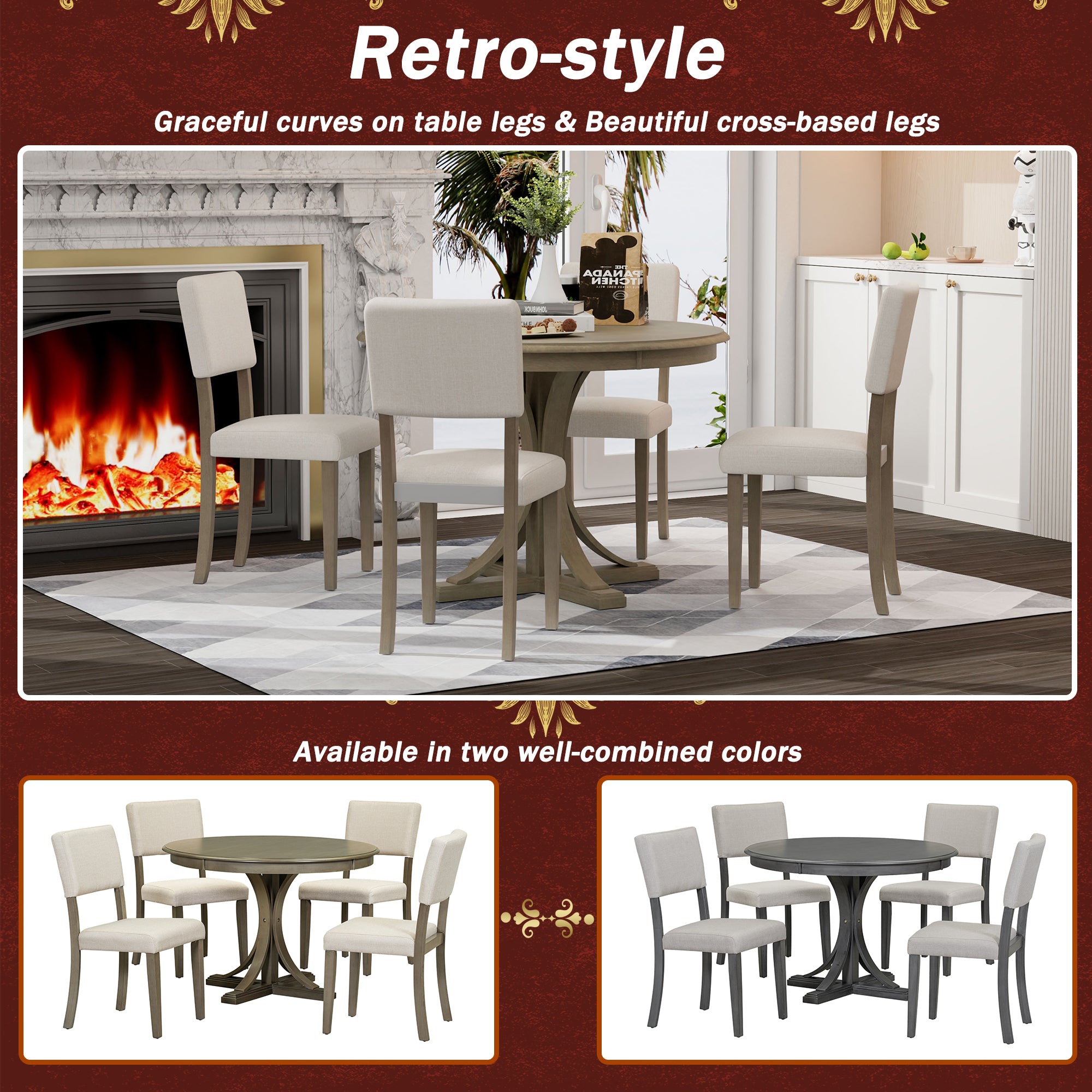 5-Pc Retro Round Dining Table Set (Taupe)