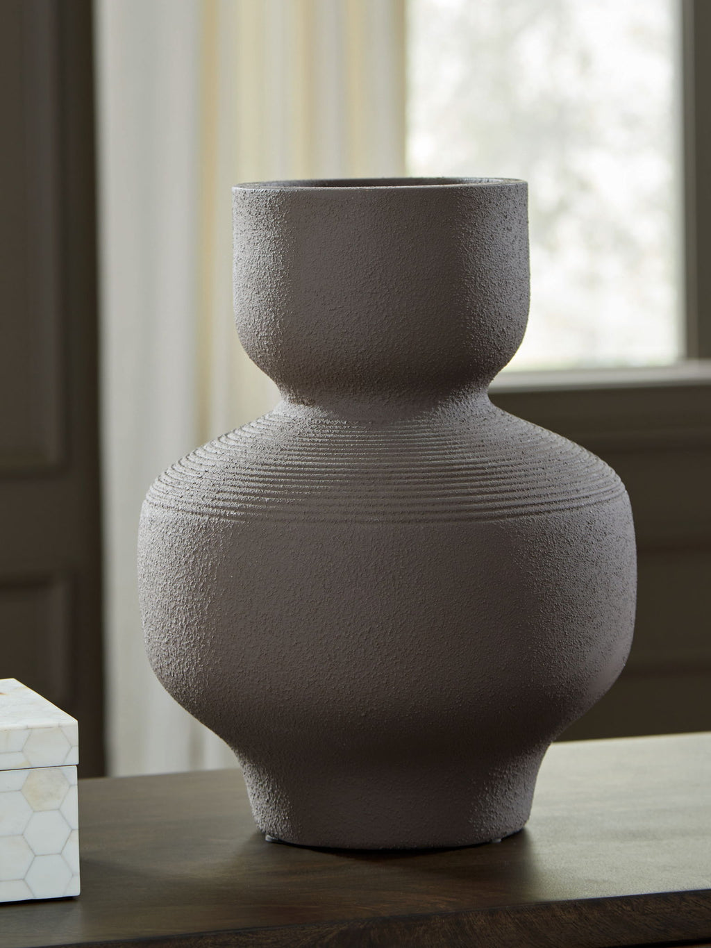 Dalsen vase in dark brown stoneware with textured finish and short flared neck.