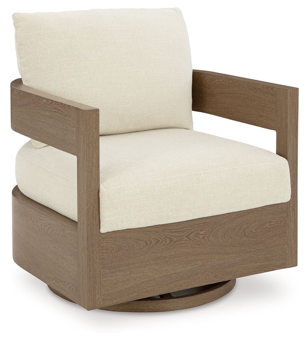 Swivel glider accent chair with light cushion and dark brown frame