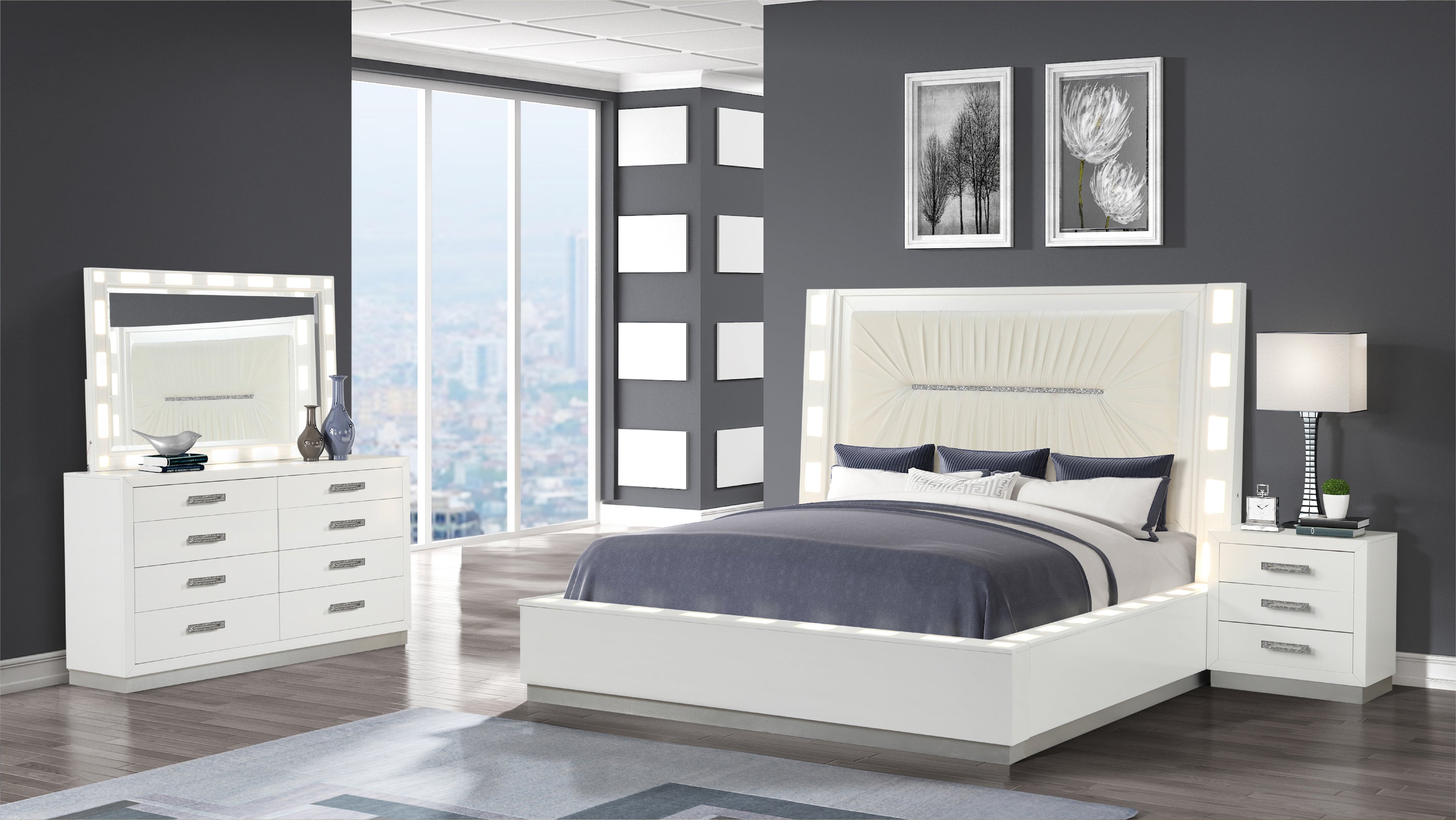 Queen 4PC LED Milky White Wood Bedroom Set
