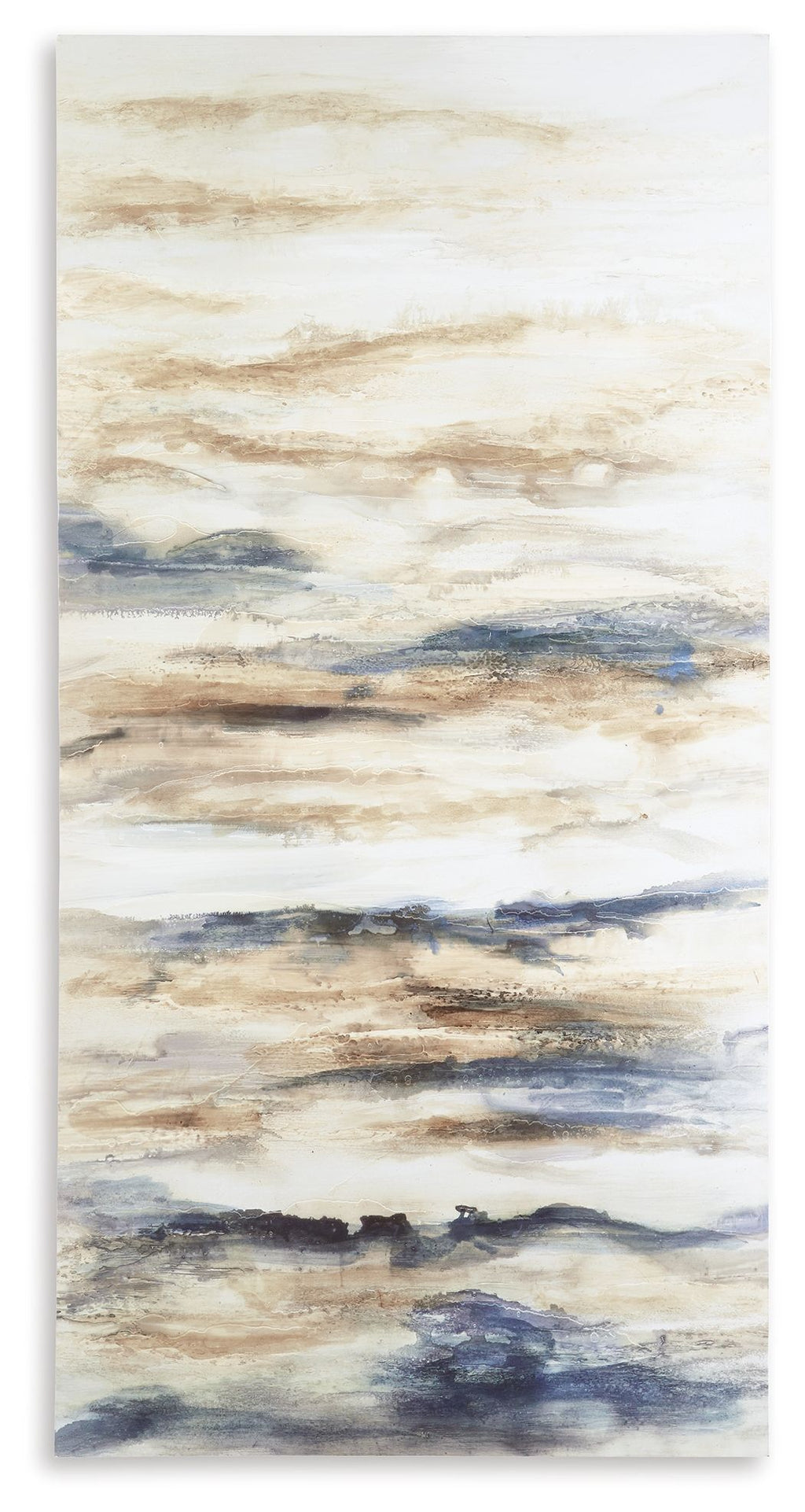 Vertical wall art canvas with blue and tan abstract sky-and-water brush layers
