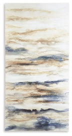 Vertical wall art canvas with blue and tan abstract sky-and-water brush layers