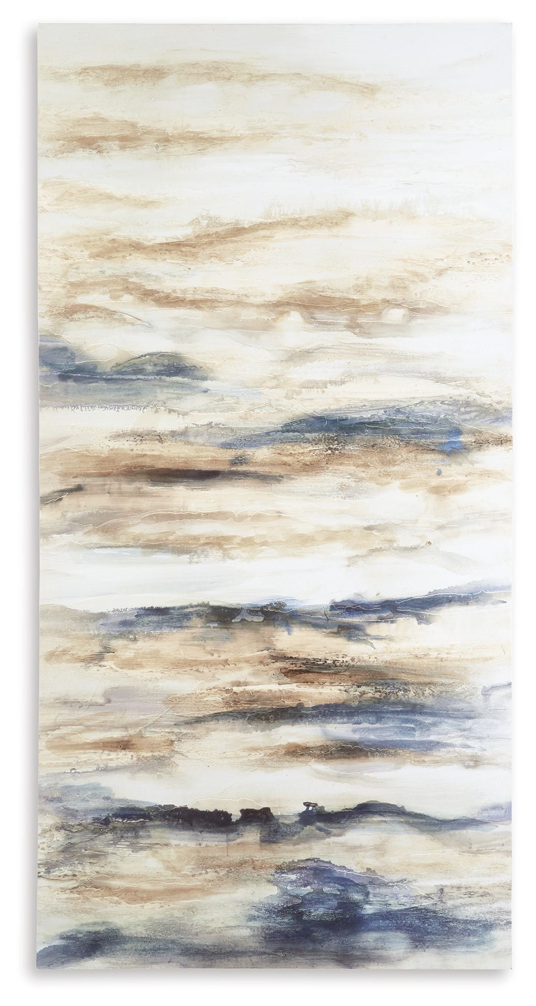 Vertical wall art canvas with blue and tan abstract sky-and-water brush layers