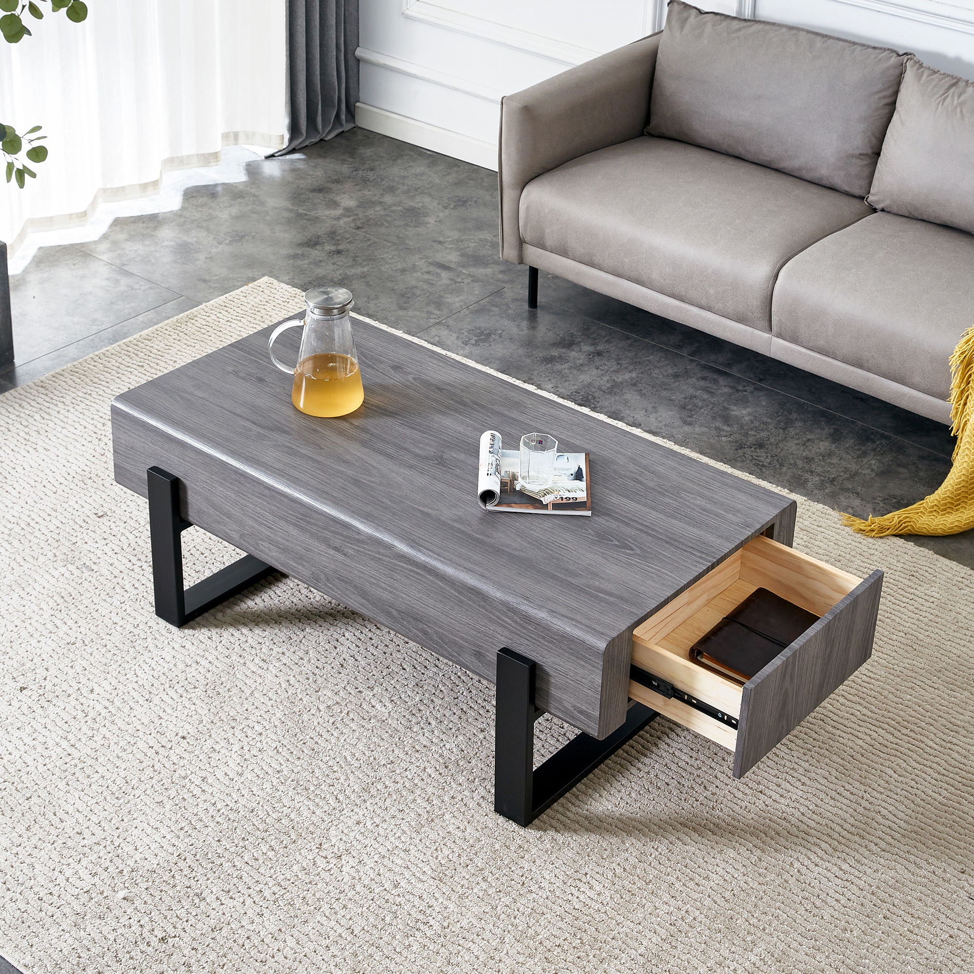 A Coffee Table Made Of MDF Material Equipped With Drawers Made Of Solid Wood Material Can Store Things And Save Space Paired With Black Metal Table Legs Suitable For Living Room