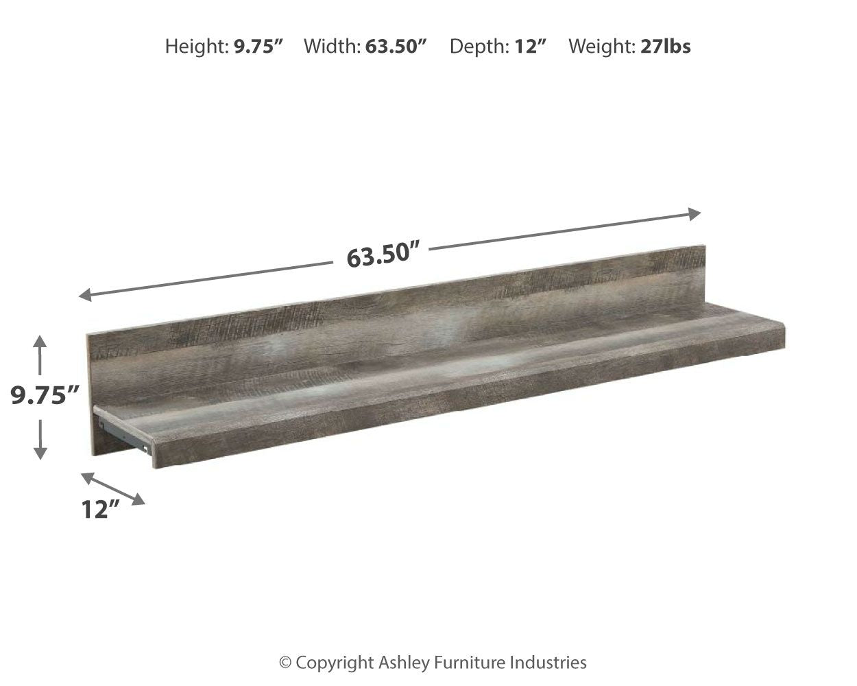 Gray wood bridge shelf, flat top with subtle grain, 63.5 in long