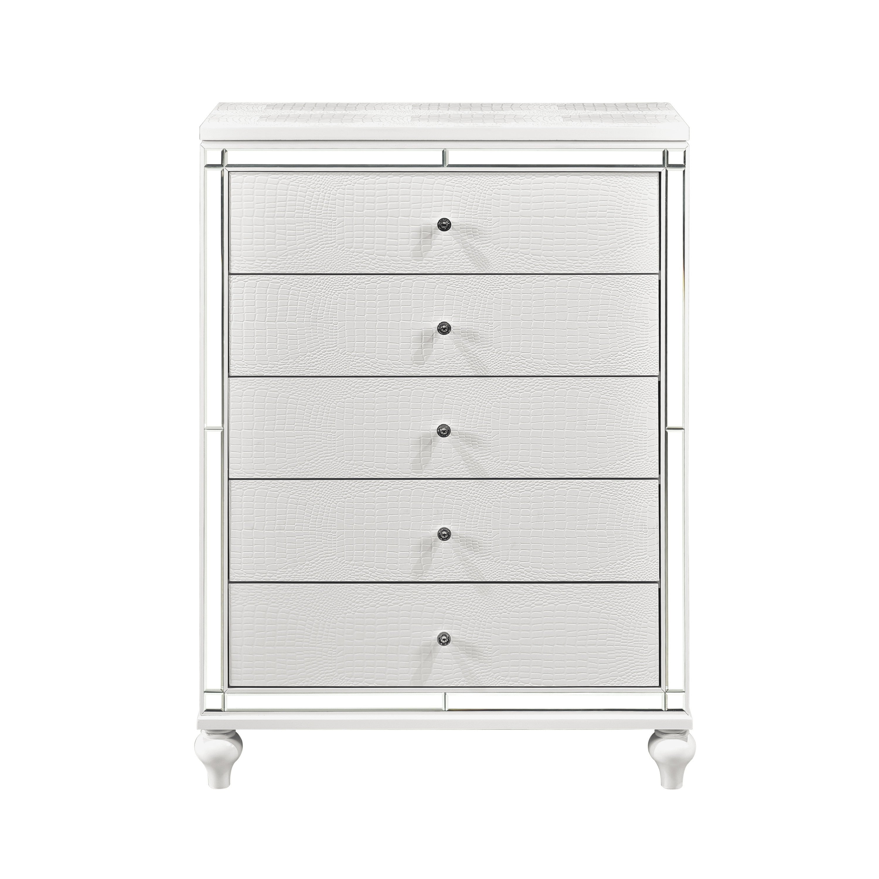 Modern Glamorous White 5-Drawer Chest Mirror Trim Wood