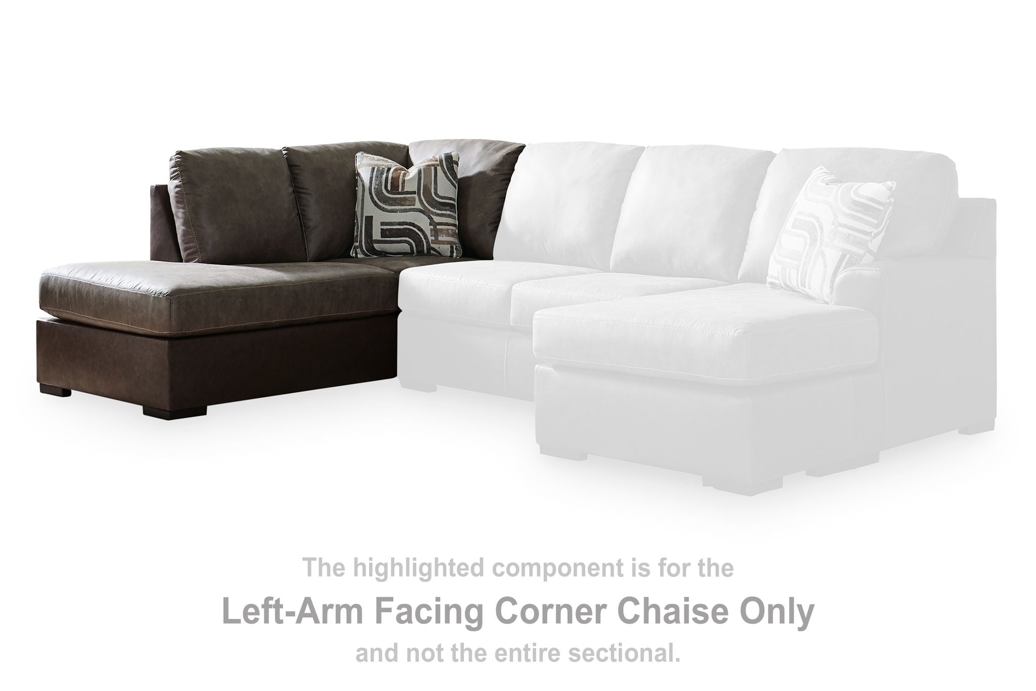 Left-arm facing corner chaise section in dark brown with nearby light-colored seating