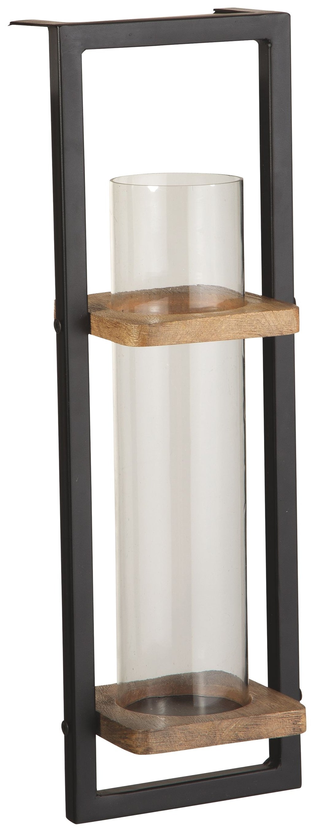 Black metal wall sconce with clear glass cylinder and natural wood shelves