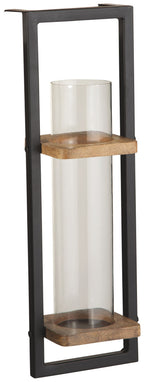 Black metal wall sconce with clear glass cylinder and natural wood shelves