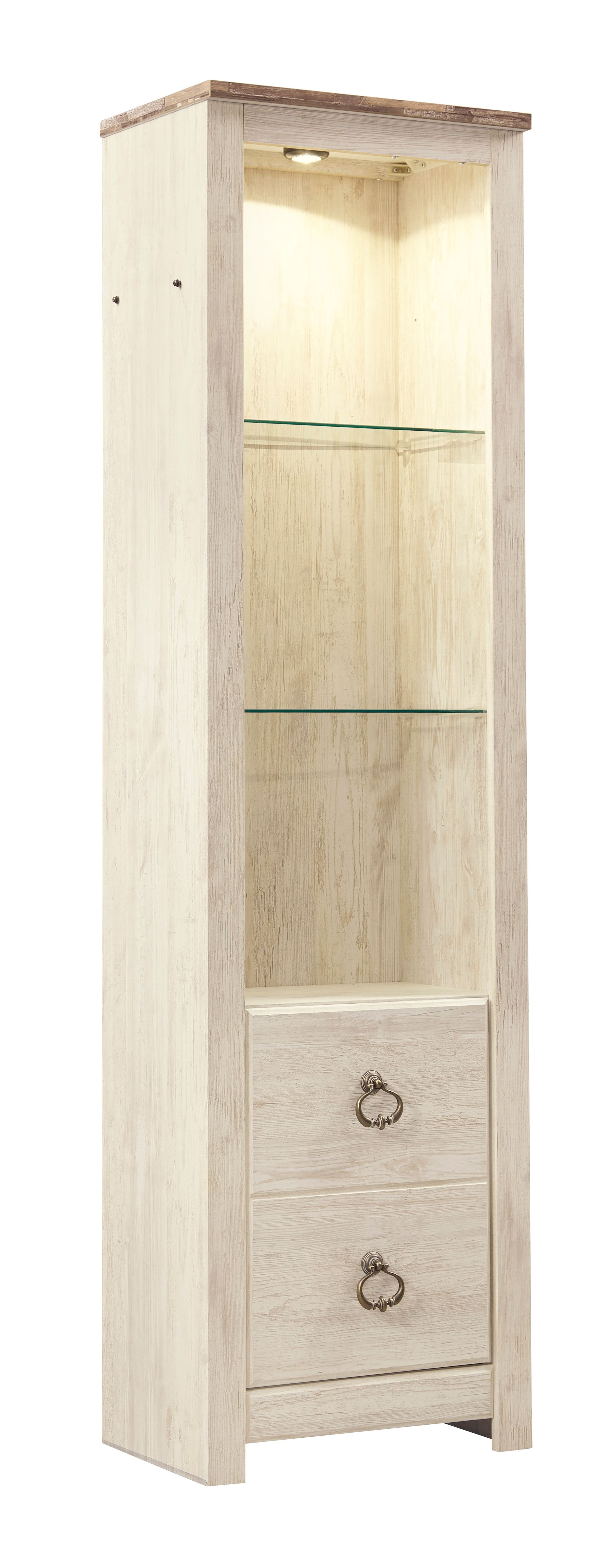 Whitewash wood cabinet with 2 open shelves and two drawers with metal pulls
