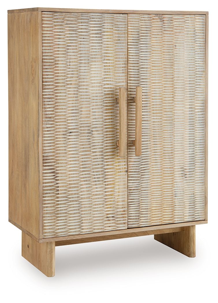 Natural wood accent cabinet with two woven rattan doors and vertical center pull