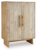 Natural wood accent cabinet with two woven rattan doors and vertical center pull