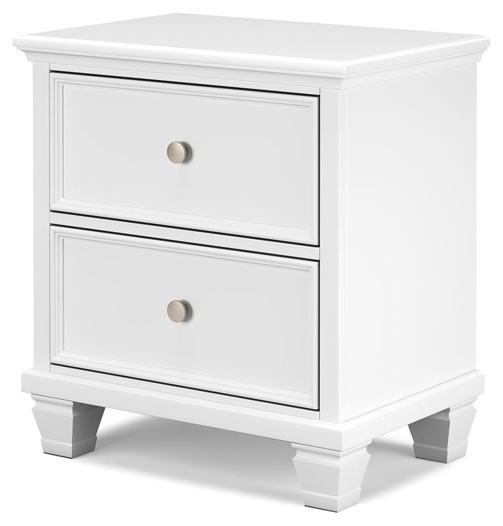 White two-drawer night stand with round knobs and turned legs