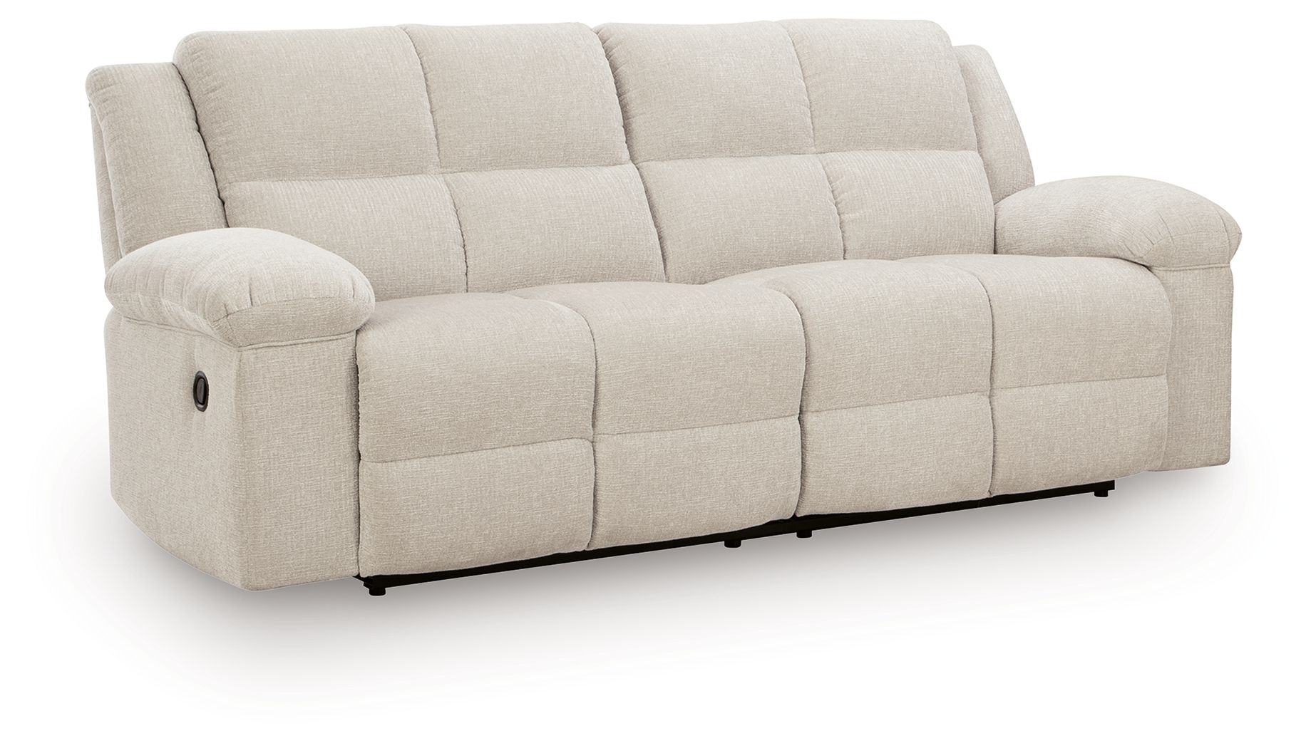 Light beige 2-seat reclining sofa with track arms and padded headrests
