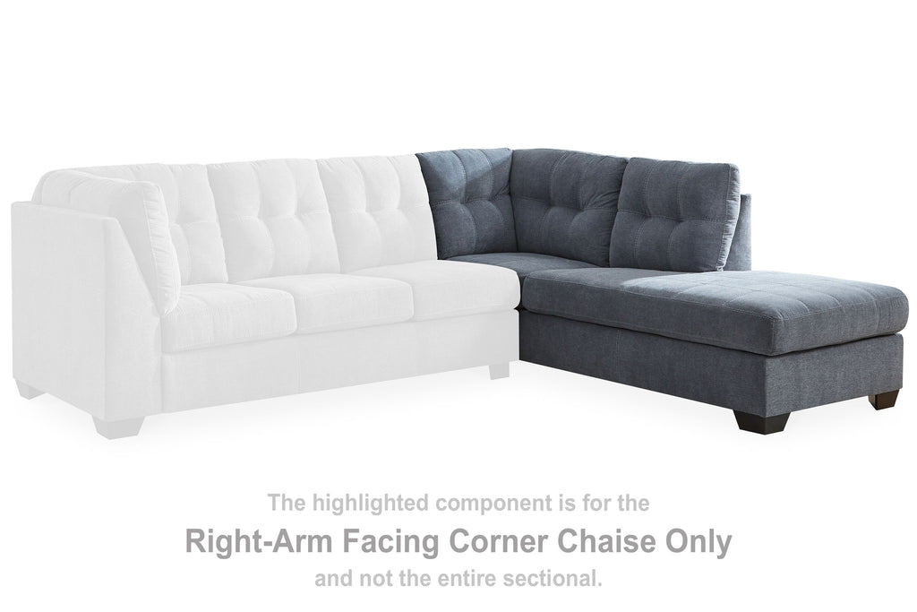 Blue and light-gray right-arm corner chaise with tufted cushions and dark legs