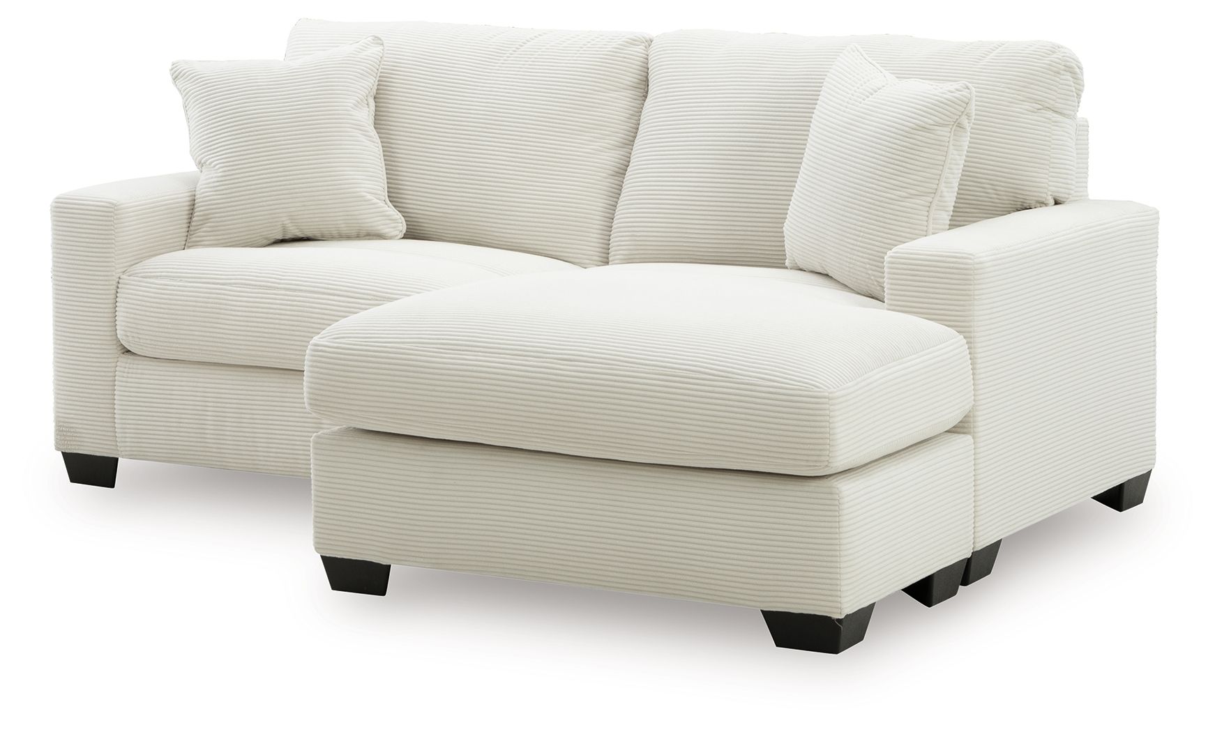 Light gray sofa chaise with two back cushions and a chaise ottoman extension