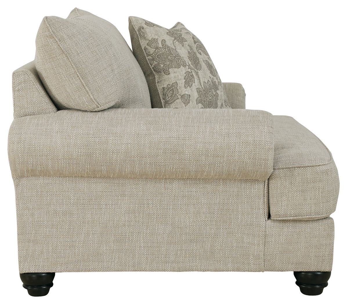 Light gray linen-style armchair side view with two throw pillows and cushioned seat