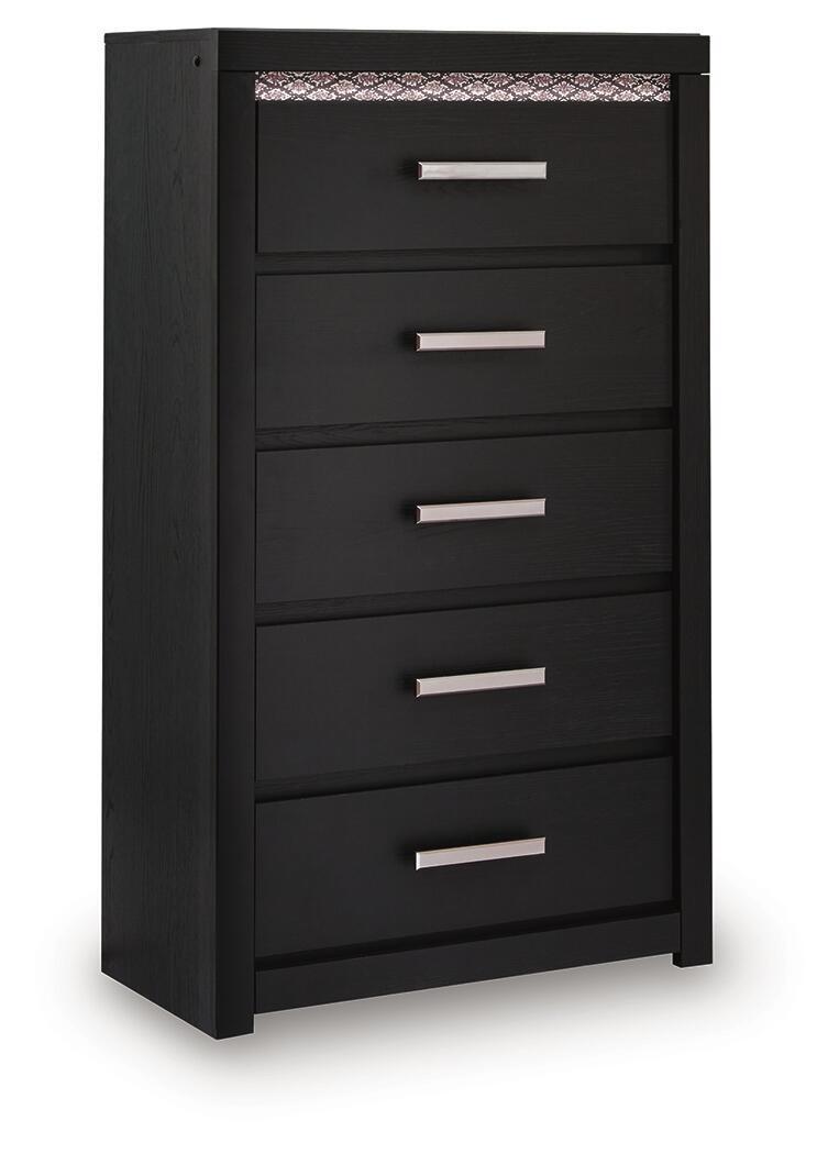 Brizmore black five-drawer chest with five silver bar handles