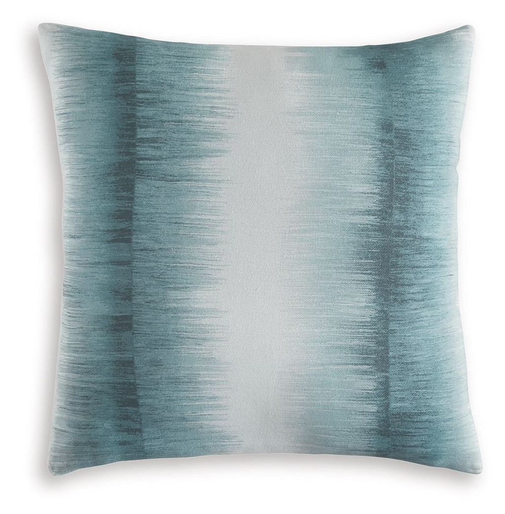 Blue square pillow with textured abstract pattern and piped edges