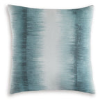 Blue square pillow with textured abstract pattern and piped edges