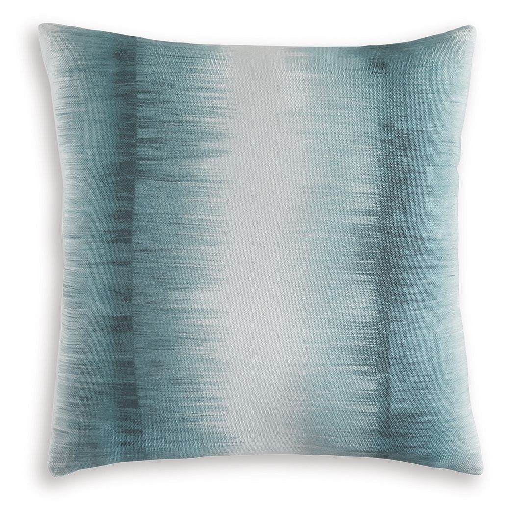Blue square pillow with textured abstract pattern and piped edges