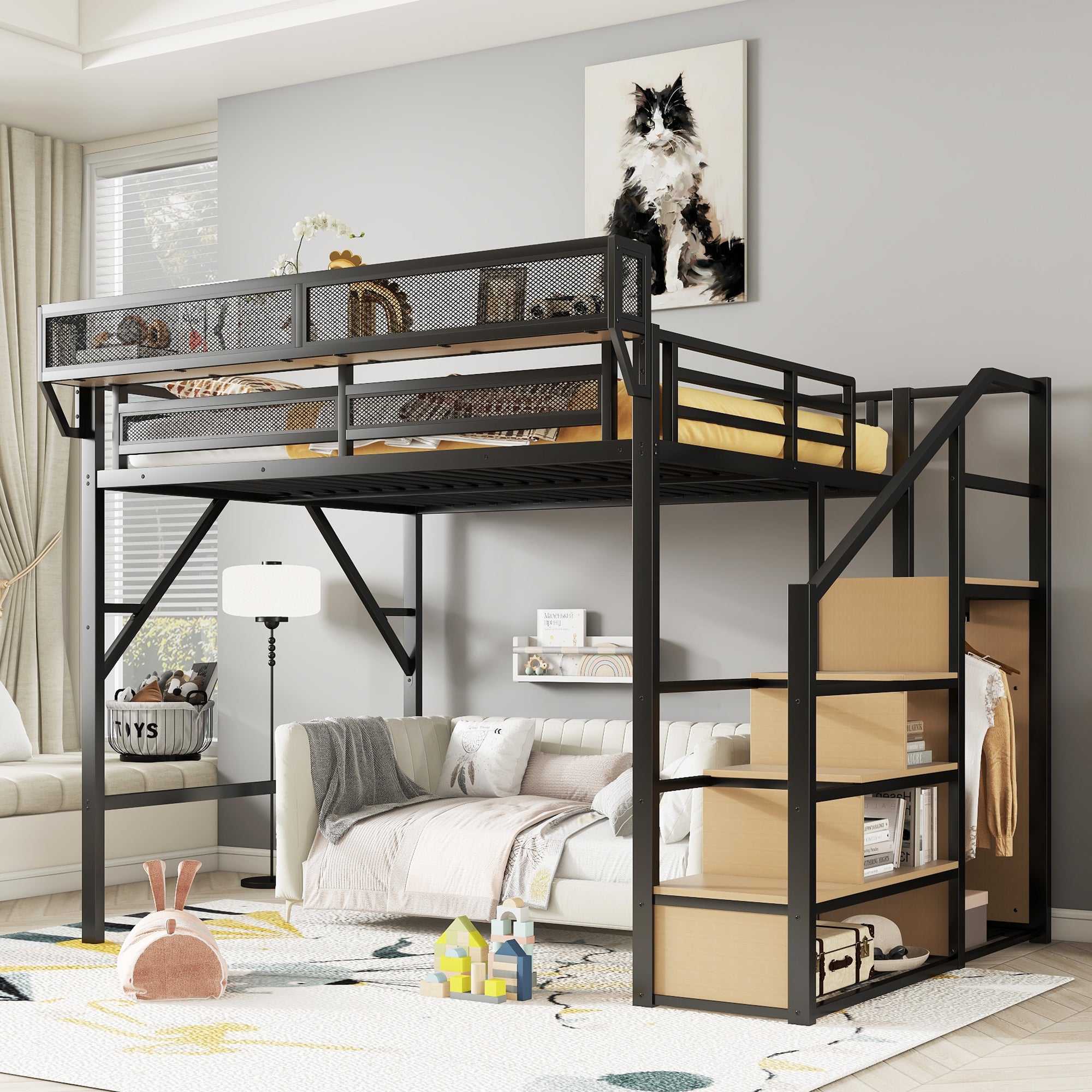 Queen Metal Loft Bed w/ Stairs, Storage, Wardrobe - Black