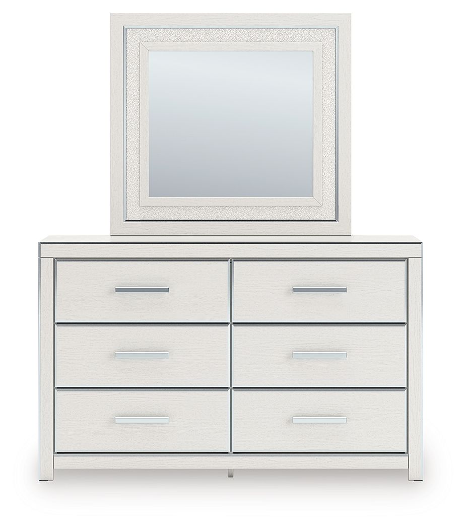 Six-drawer dresser with mirror frame in white finish, six drawers, and silver bar handles.
