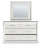 Six-drawer dresser with mirror frame in white finish, six drawers, and silver bar handles.