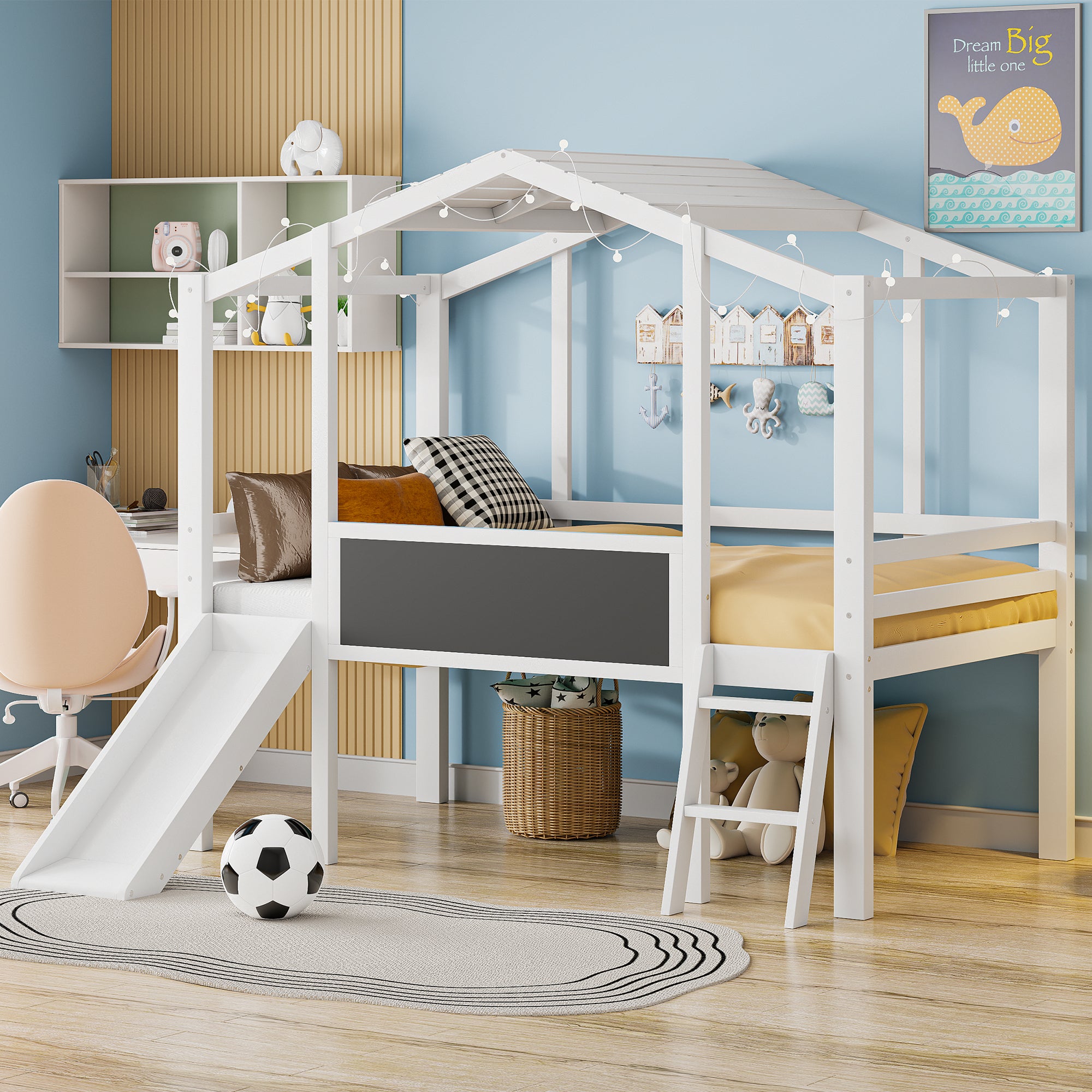 White Twin Loft House Bed with Slide, Ladder, Blackboard, LED