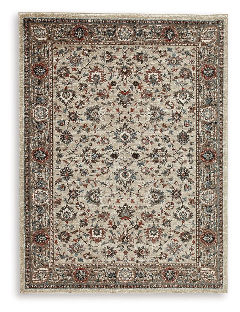 Beritham rug with ornate border and medallion floral pattern, beige base and multicolor accents