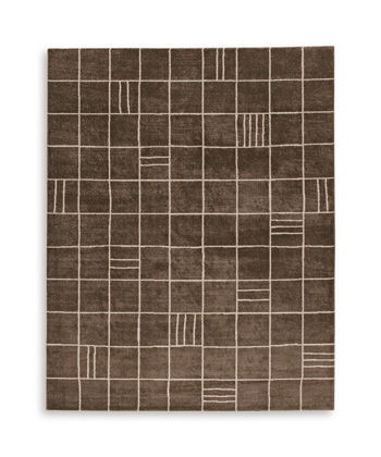 Dark brown area rug featuring a light grid with narrow abstract stripe blocks