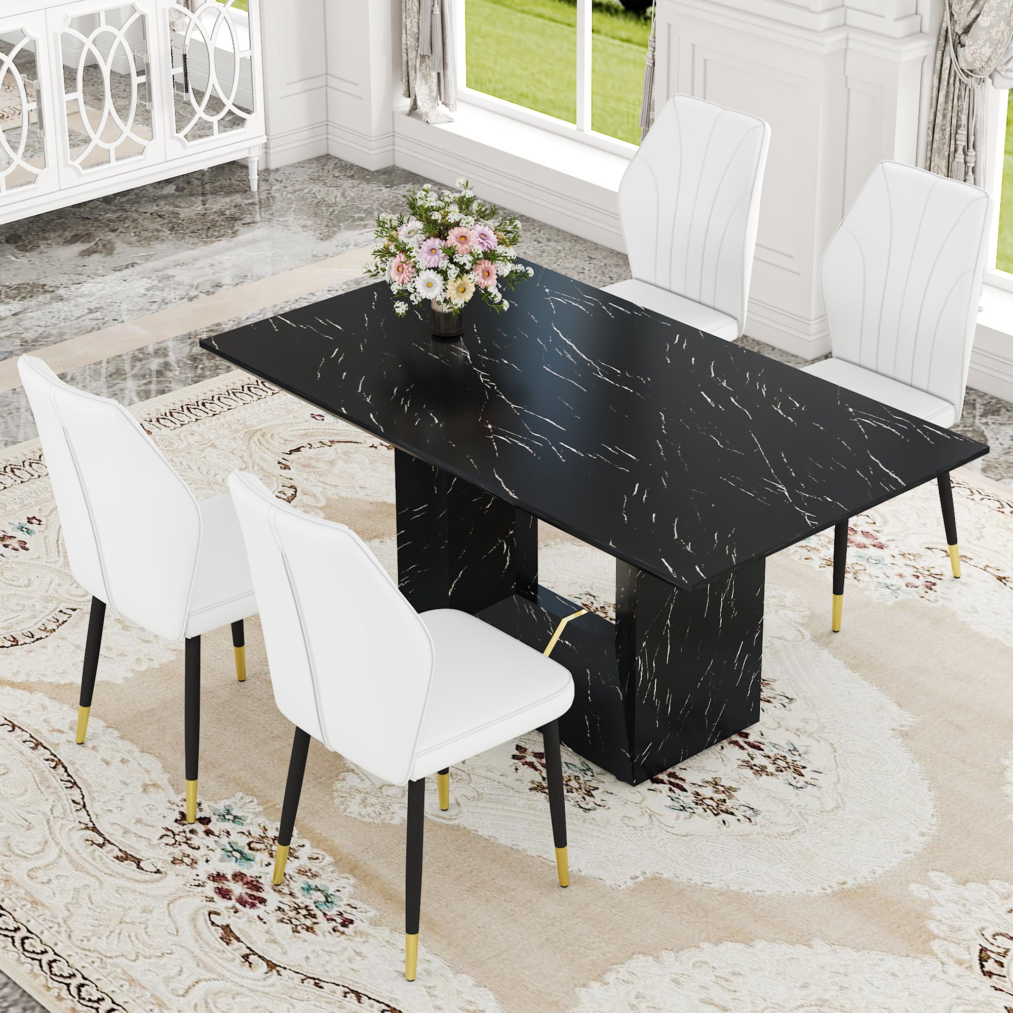 Black Marble Dining Set w/ 4 White Chairs
