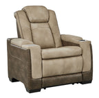 Sand power recliner with adjustable headrest, padded arms, and wide seat cushions