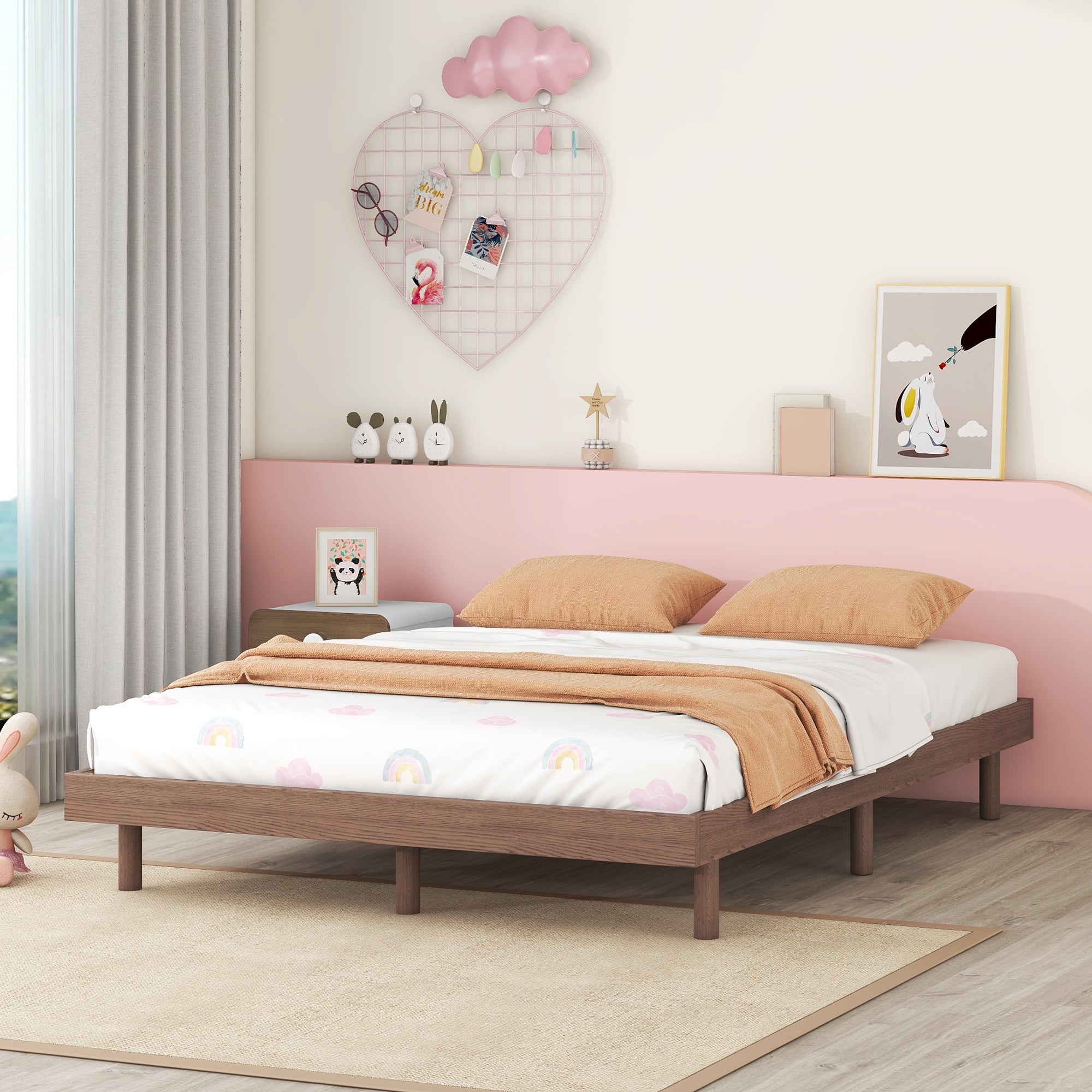 Modern Walnut Full Floating Platform Bed Frame: Sleek Design