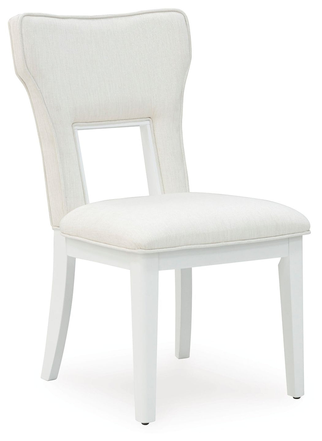 White upholstered dining side chair with curved back, open frame, and padded seat