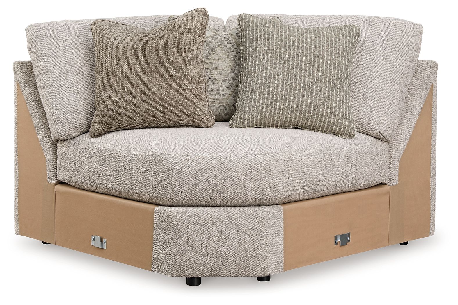 Wedge sectional sofa with light gray upholstered cushions and sturdy wooden base