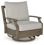 Swivel glider chair with cushion, light beige fabric and dark brown wood frame
