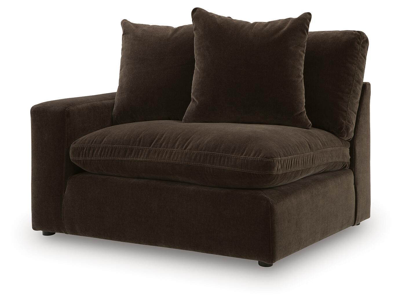 Corner sofa chair with thick seat cushion and three back pillows, dark brown fabric