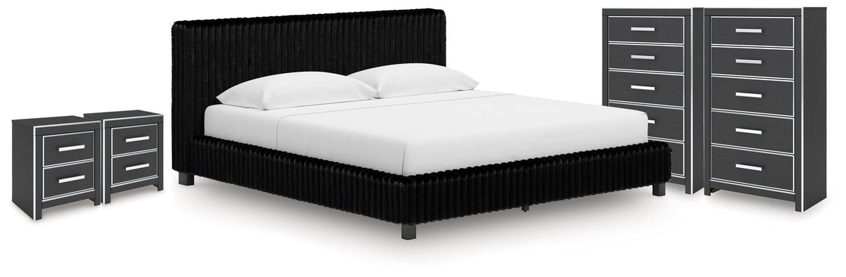 Black upholstered bed with two nightstands and tall drawer dresser