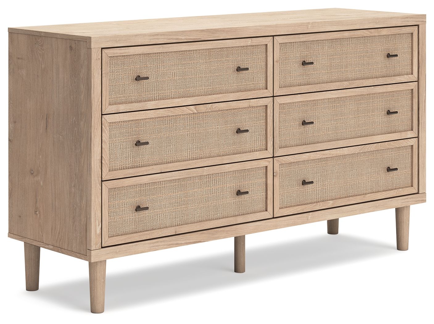 Cielden upholstered bedroom set dresser with beige fabric drawers and dark pull handles