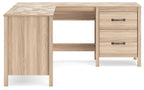 Home office desk with return in tan woodgrain, two drawers and open shelf bay