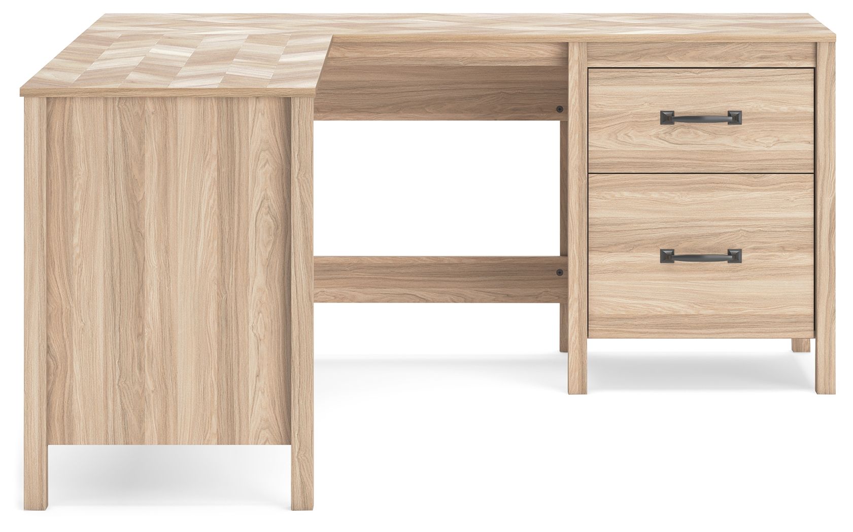 Home office desk with return in tan woodgrain, two drawers and open shelf bay