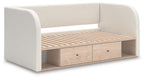 Beige upholstered day bed with slatted base and two under-bed drawers