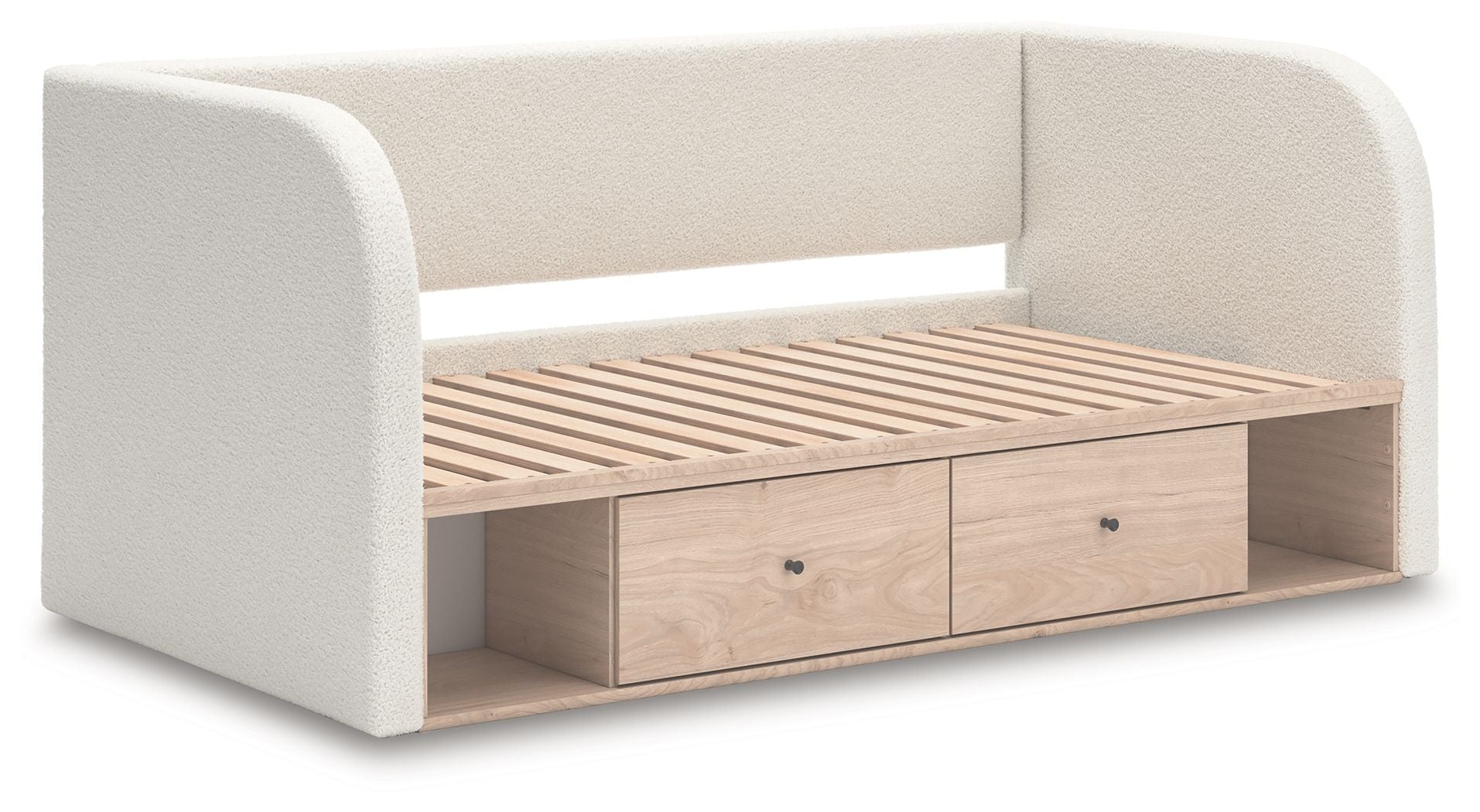 Beige upholstered day bed with slatted base and two under-bed drawers