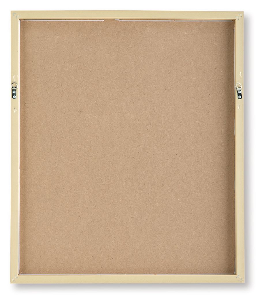 Back panel of framed wall art set, beige backing with corner hardware